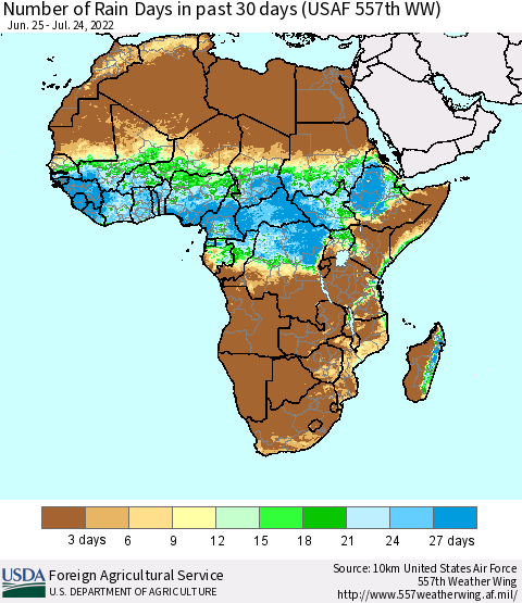 Africa Number of Rain Days in past 30 days (USAF 557th WW) 07/24/2022 Thematic Map For 7/18/2022 - 7/24/2022