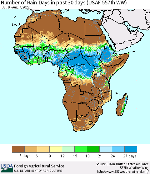 Africa Number of Rain Days in past 30 days (USAF 557th WW) 08/07/2022 Thematic Map For 8/1/2022 - 8/7/2022