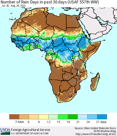 Africa Number of Rain Days in past 30 days (USAF 557th WW) 08/28/2022 Thematic Map For 8/22/2022 - 8/28/2022