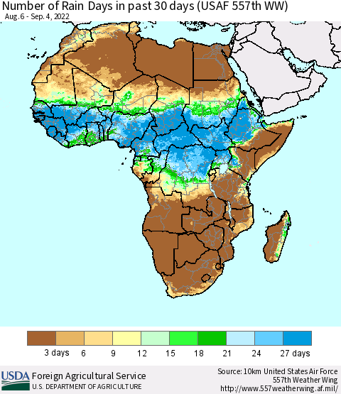 Africa Number of Rain Days in past 30 days (USAF 557th WW) 09/04/2022 Thematic Map For 8/29/2022 - 9/4/2022