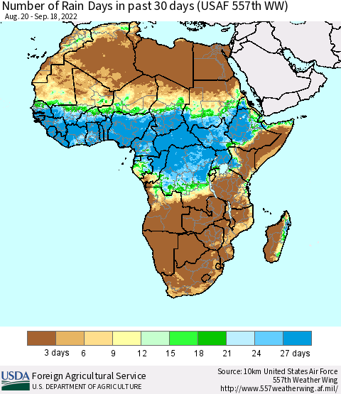 Africa Number of Rain Days in past 30 days (USAF 557th WW) 09/18/2022 Thematic Map For 9/12/2022 - 9/18/2022