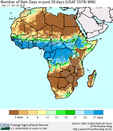 Africa Number of Rain Days in past 30 days (USAF 557th WW) 10/16/2022 Thematic Map For 10/10/2022 - 10/16/2022