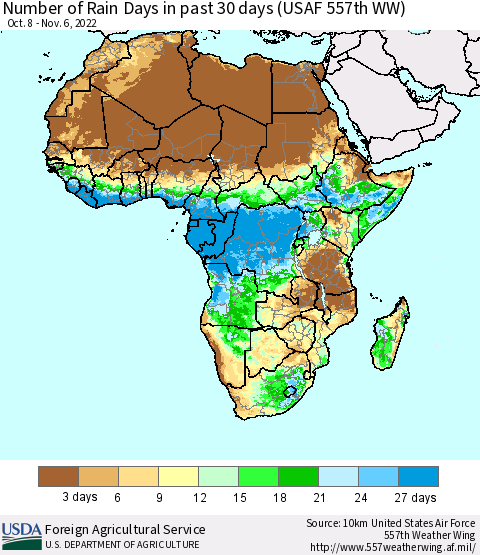 Africa Number of Rain Days in past 30 days (USAF 557th WW) 11/06/2022 Thematic Map For 10/31/2022 - 11/6/2022