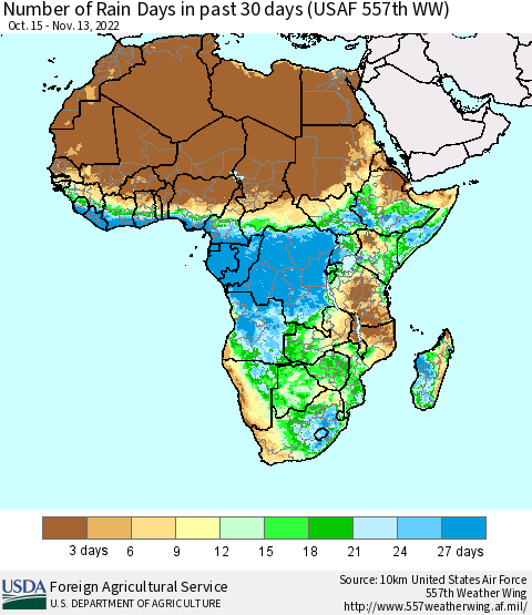Africa Number of Rain Days in past 30 days (USAF 557th WW) 11/13/2022 Thematic Map For 11/7/2022 - 11/13/2022