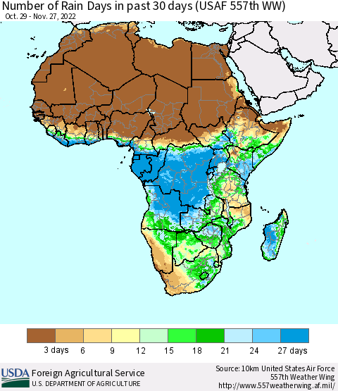 Africa Number of Rain Days in past 30 days (USAF 557th WW) 11/27/2022 Thematic Map For 11/21/2022 - 11/27/2022