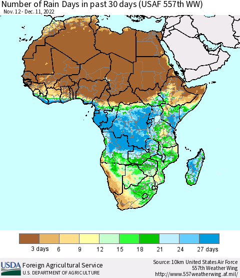 Africa Number of Rain Days in past 30 days (USAF 557th WW) 12/11/2022 Thematic Map For 12/5/2022 - 12/11/2022