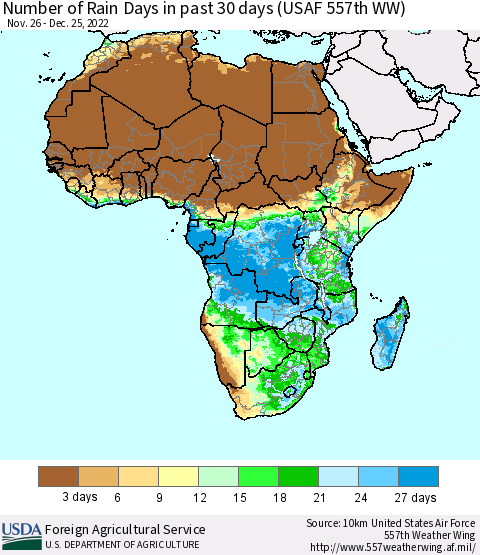 Africa Number of Rain Days in past 30 days (USAF 557th WW) 12/25/2022 Thematic Map For 12/19/2022 - 12/25/2022