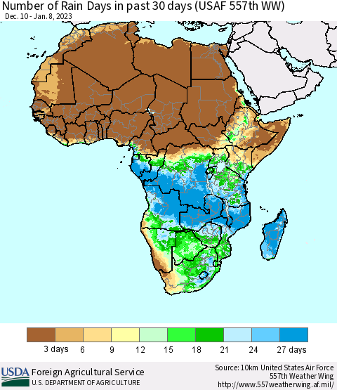 Africa Number of Rain Days in past 30 days (USAF 557th WW) 01/08/2023 Thematic Map For 1/2/2023 - 1/8/2023