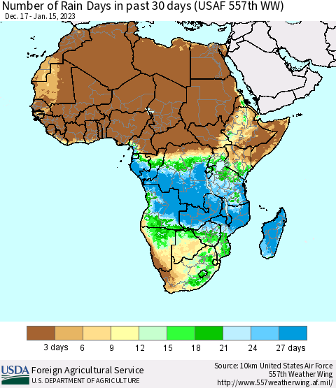 Africa Number of Rain Days in past 30 days (USAF 557th WW) 01/15/2023 Thematic Map For 1/9/2023 - 1/15/2023