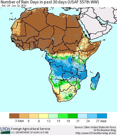 Africa Number of Rain Days in past 30 days (USAF 557th WW) 01/22/2023 Thematic Map For 1/16/2023 - 1/22/2023