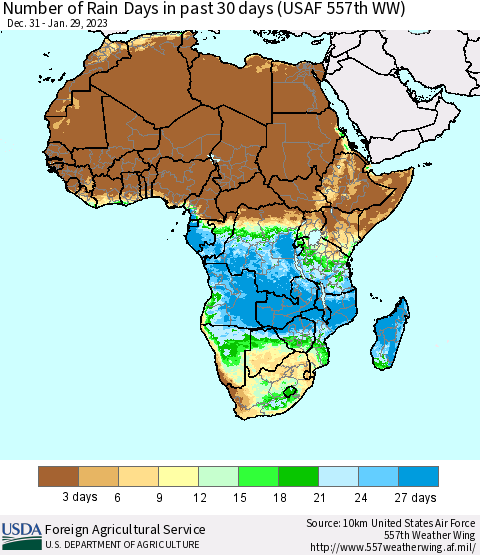 Africa Number of Rain Days in past 30 days (USAF 557th WW) 01/29/2023 Thematic Map For 1/23/2023 - 1/29/2023