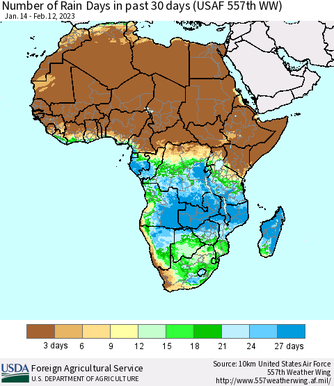 Africa Number of Rain Days in past 30 days (USAF 557th WW) 02/12/2023 Thematic Map For 2/6/2023 - 2/12/2023