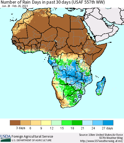 Africa Number of Rain Days in past 30 days (USAF 557th WW) 02/26/2023 Thematic Map For 2/20/2023 - 2/26/2023