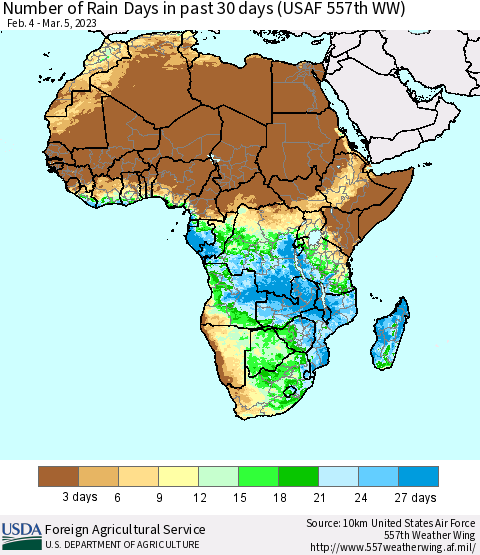 Africa Number of Rain Days in past 30 days (USAF 557th WW) 03/05/2023 Thematic Map For 2/27/2023 - 3/5/2023
