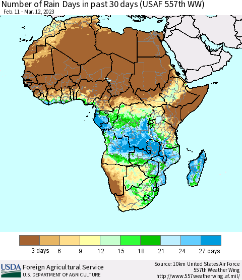 Africa Number of Rain Days in past 30 days (USAF 557th WW) 03/12/2023 Thematic Map For 3/6/2023 - 3/12/2023