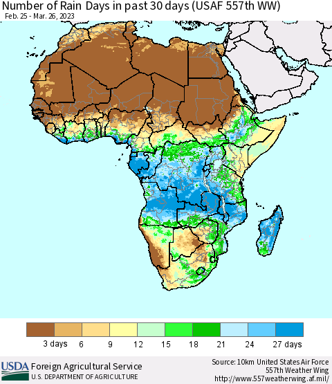 Africa Number of Rain Days in past 30 days (USAF 557th WW) 03/26/2023 Thematic Map For 3/20/2023 - 3/26/2023