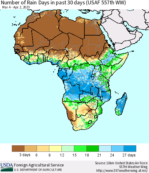 Africa Number of Rain Days in past 30 days (USAF 557th WW) 04/02/2023 Thematic Map For 3/27/2023 - 4/2/2023
