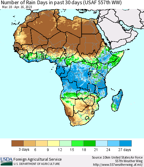 Africa Number of Rain Days in past 30 days (USAF 557th WW) 04/16/2023 Thematic Map For 4/10/2023 - 4/16/2023