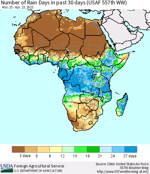 Africa Number of Rain Days in past 30 days (USAF 557th WW) 04/23/2023 Thematic Map For 4/17/2023 - 4/23/2023