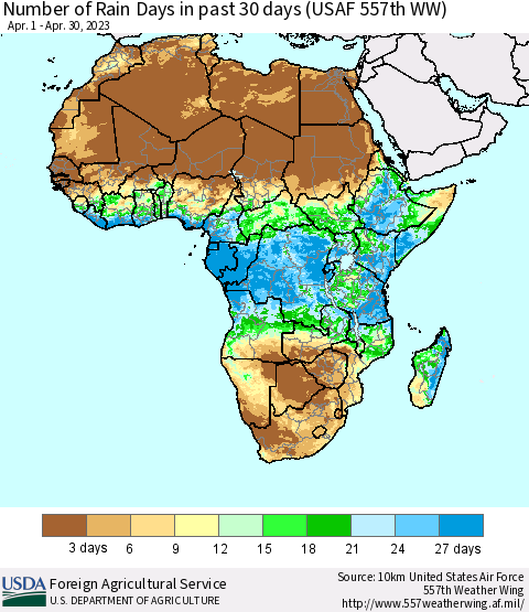 Africa Number of Rain Days in past 30 days (USAF 557th WW) 04/30/2023 Thematic Map For 4/24/2023 - 4/30/2023