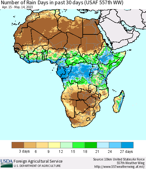 Africa Number of Rain Days in past 30 days (USAF 557th WW) 05/14/2023 Thematic Map For 5/8/2023 - 5/14/2023