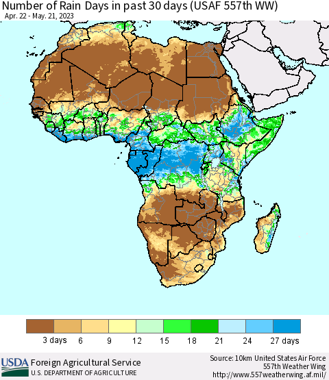Africa Number of Rain Days in past 30 days (USAF 557th WW) 05/21/2023 Thematic Map For 5/15/2023 - 5/21/2023