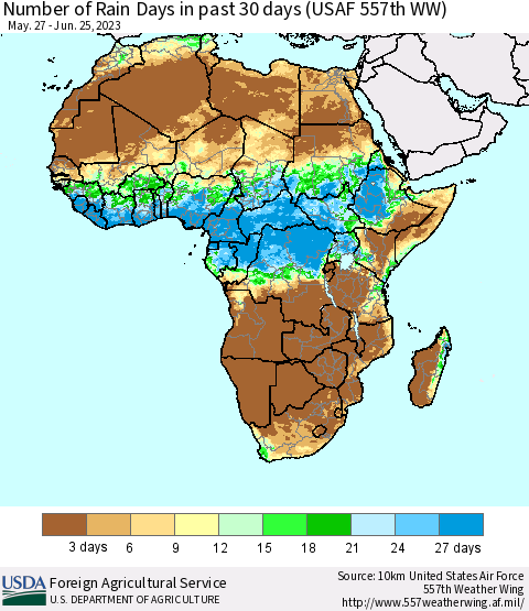 Africa Number of Rain Days in past 30 days (USAF 557th WW) 06/25/2023 Thematic Map For 6/19/2023 - 6/25/2023