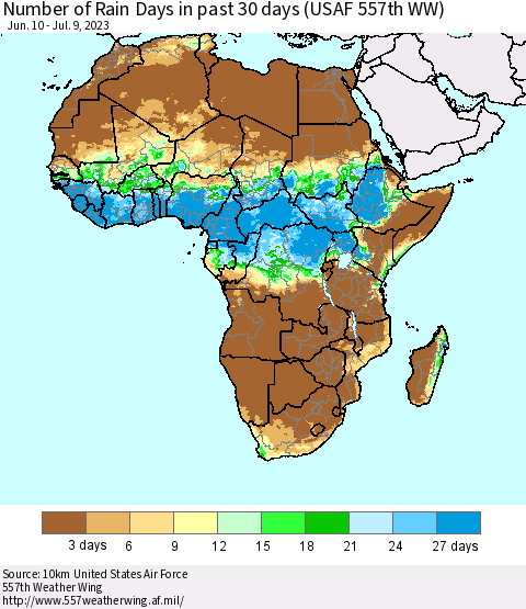 Africa Number of Rain Days in past 30 days (USAF 557th WW) 07/09/2023 Thematic Map For 7/3/2023 - 7/9/2023