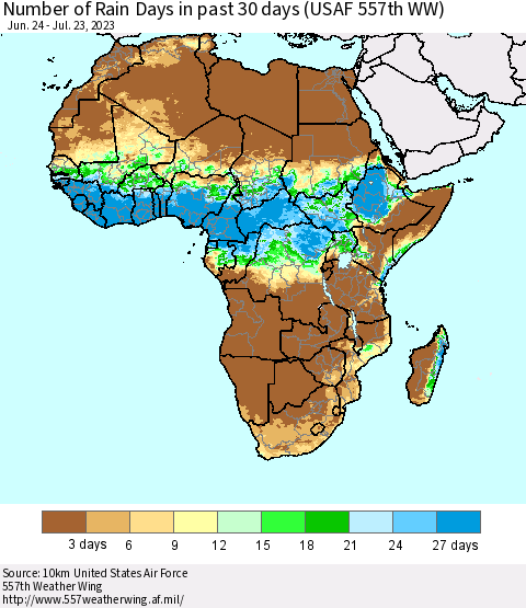 Africa Number of Rain Days in past 30 days (USAF 557th WW) 07/23/2023 Thematic Map For 7/17/2023 - 7/23/2023