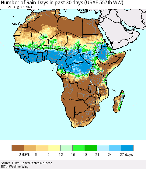 Africa Number of Rain Days in past 30 days (USAF 557th WW) 08/27/2023 Thematic Map For 8/21/2023 - 8/27/2023