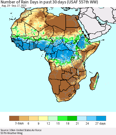 Africa Number of Rain Days in past 30 days (USAF 557th WW) 09/17/2023 Thematic Map For 9/11/2023 - 9/17/2023