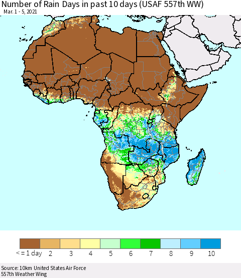 Africa Number of Rain Days in past 10 days (USAF 557th WW) Thematic Map For 3/1/2021 - 3/5/2021