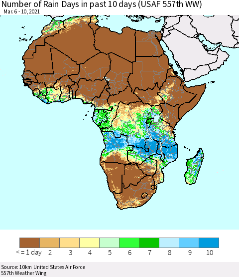 Africa Number of Rain Days in past 10 days (USAF 557th WW) Thematic Map For 3/6/2021 - 3/10/2021