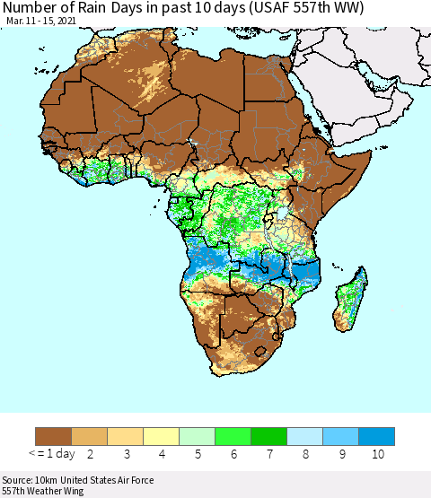 Africa Number of Rain Days in past 10 days (USAF 557th WW) Thematic Map For 3/11/2021 - 3/15/2021