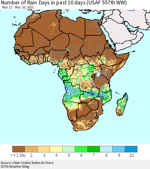 Africa Number of Rain Days in past 10 days (USAF 557th WW) Thematic Map For 3/16/2021 - 3/20/2021