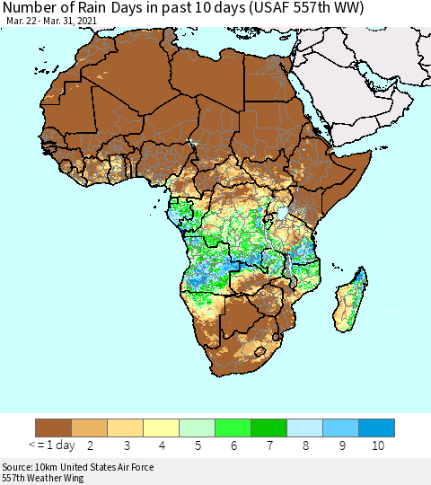 Africa Number of Rain Days in past 10 days (USAF 557th WW) Thematic Map For 3/26/2021 - 3/31/2021