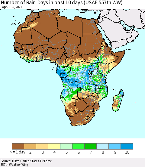 Africa Number of Rain Days in past 10 days (USAF 557th WW) Thematic Map For 4/1/2021 - 4/5/2021
