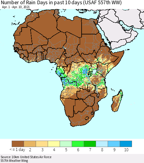 Africa Number of Rain Days in past 10 days (USAF 557th WW) Thematic Map For 4/6/2021 - 4/10/2021