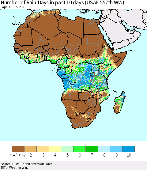 Africa Number of Rain Days in past 10 days (USAF 557th WW) Thematic Map For 4/11/2021 - 4/15/2021