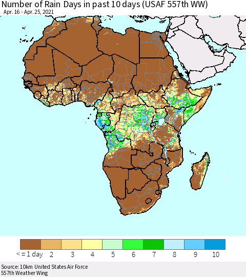 Africa Number of Rain Days in past 10 days (USAF 557th WW) Thematic Map For 4/21/2021 - 4/25/2021
