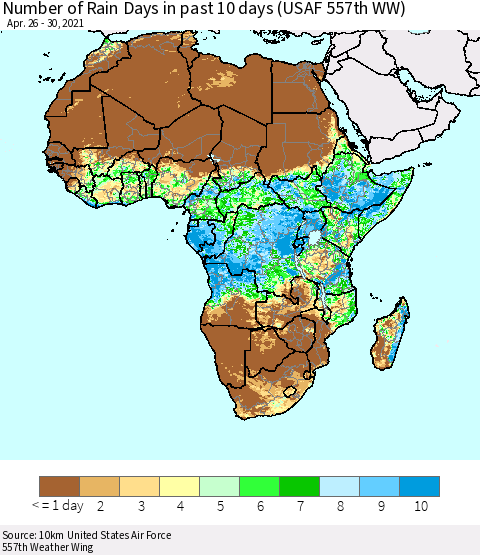 Africa Number of Rain Days in past 10 days (USAF 557th WW) Thematic Map For 4/26/2021 - 4/30/2021