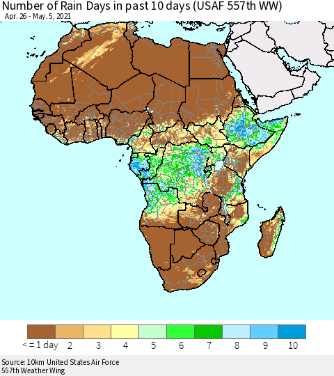 Africa Number of Rain Days in past 10 days (USAF 557th WW) Thematic Map For 5/1/2021 - 5/5/2021