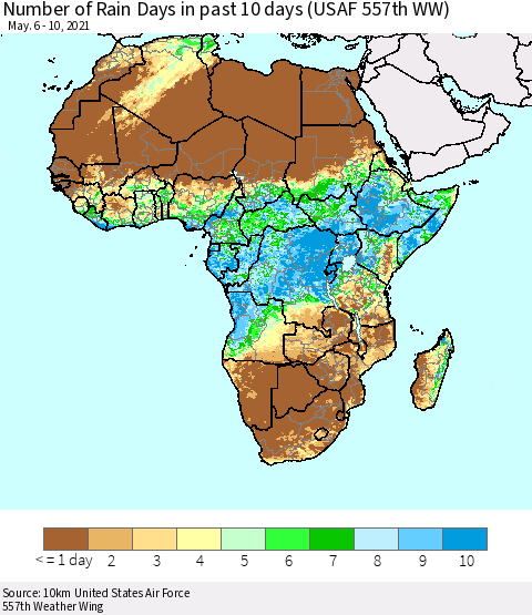 Africa Number of Rain Days in past 10 days (USAF 557th WW) Thematic Map For 5/6/2021 - 5/10/2021