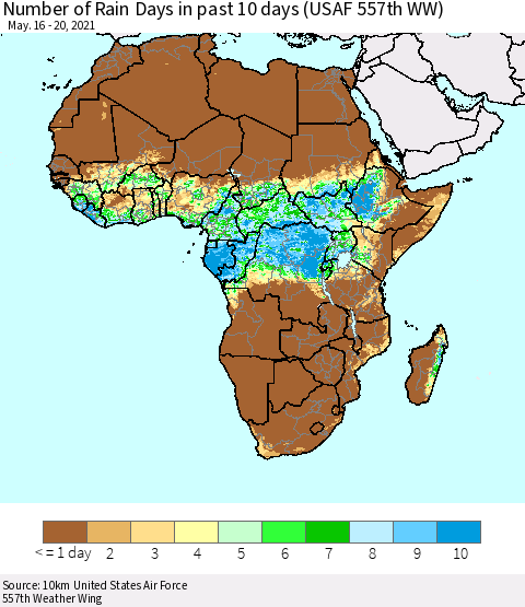 Africa Number of Rain Days in past 10 days (USAF 557th WW) Thematic Map For 5/16/2021 - 5/20/2021