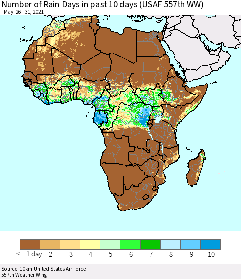 Africa Number of Rain Days in past 10 days (USAF 557th WW) Thematic Map For 5/26/2021 - 5/31/2021