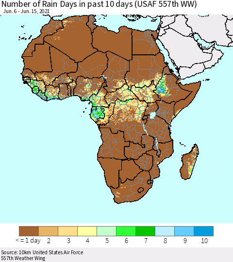 Africa Number of Rain Days in past 10 days (USAF 557th WW) Thematic Map For 6/11/2021 - 6/15/2021