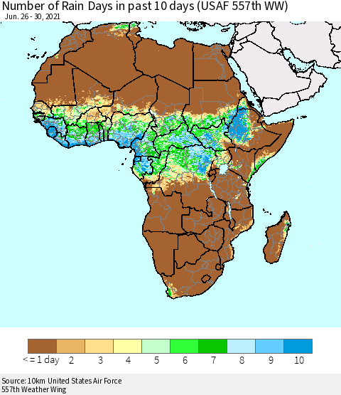 Africa Number of Rain Days in past 10 days (USAF 557th WW) Thematic Map For 6/26/2021 - 6/30/2021