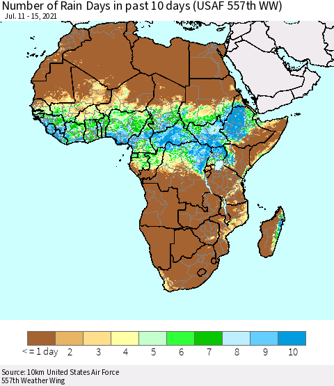 Africa Number of Rain Days in past 10 days (USAF 557th WW) Thematic Map For 7/11/2021 - 7/15/2021