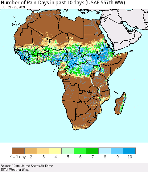 Africa Number of Rain Days in past 10 days (USAF 557th WW) Thematic Map For 7/21/2021 - 7/25/2021