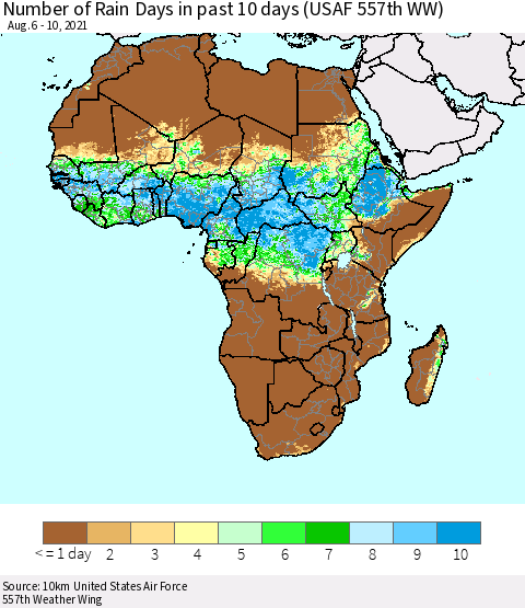 Africa Number of Rain Days in past 10 days (USAF 557th WW) Thematic Map For 8/6/2021 - 8/10/2021